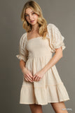 Lace Puff Sleeve Square Neckline Smocked Dress