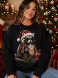 Christmas Raccoon Graphic Long Sleeve Tee- Black