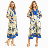 Ornate Paisley Puff Sleeve Midi Dress