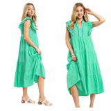 Seersucker Flutter Sleeve Scallop Edge Midi Dress- Mint