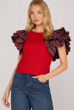Holly Plaid Shoulder Ruffle Top - Red