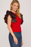 Holly Plaid Shoulder Ruffle Top - Red