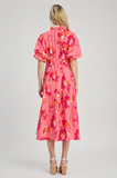 Blooming Garden Ruched Waist Midi Dress- Coral/Pink