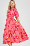 Blooming Garden Ruched Waist Midi Dress- Coral/Pink