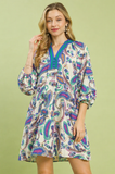 Paisley Popover Puff Sleeve Dress- Mint