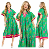 Island Floral Tiered Mini Dress with Short Flutter Sleeves- Green