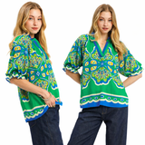 Vivid Split Neck Medallion Statement Blouse