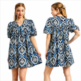 Midnight Medallion Tie Neck Puff Sleeve Dress- Blue