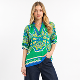 Vivid Split Neck Medallion Statement Blouse