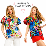 Hawaiian Island Floral Contrast Trim Blouse