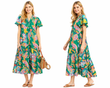 Island Escape Flutter Sleeve V-Neck Midi Dress
