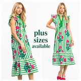 Garden Stripe Bloom Ruffle Sleeve Midi Dress- Green