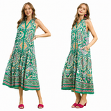 Halter Neck Medallion Tiered Midi Dress