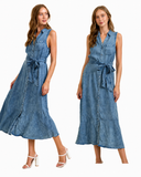Tencil Button-Front Tie Waist Midi Dress w/Ruffle
