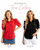 Calla Gathered Sleeve Soft Denim Button Up Top