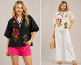 Garden Embroidered Puff Sleeve Split Neck Blouse