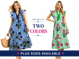 Garden Stripe Bloom Ruffle Sleeve Midi Dress- Green