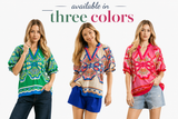 Vivid Split Neck Medallion Statement Blouse