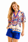 Vivid Split Neck Medallion Statement Blouse