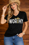 Worthy with Gold Puff Cross - Vneck Heather Black