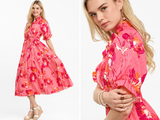 Blooming Garden Ruched Waist Midi Dress- Coral/Pink