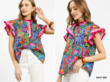 Fiesta Garden Ruffle Blouse- Navy Mix