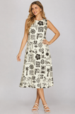 Island Story Print Midi Dress- Black