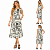 Island Story Print Midi Dress- Black