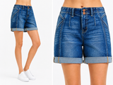 Structured Cuff High-Rise Shorts - Dark Denim