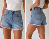 High Rise Flower Power Patched Shorts - Light Denim