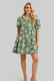 Eloise Scallop-Hem Puff Sleeve Dress