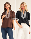 Striped Trim Split-Neck Puff Sleeve Top
