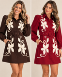 Floral Appliqué Belted Shirt Dress
