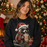 Christmas Raccoon Graphic Long Sleeve Tee- Black