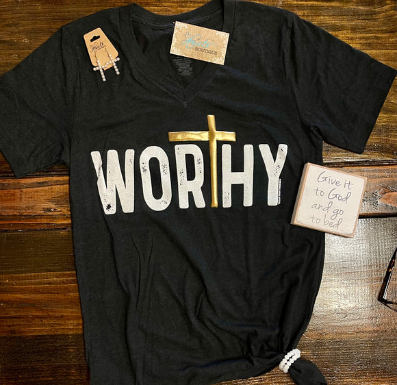 Worthy with Gold Puff Cross - Vneck Heather Black