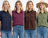 Calla Gathered Sleeve Soft Denim Button Up Top