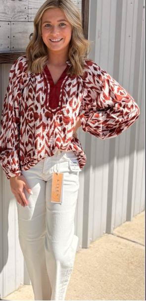 Watercolor Satin Trim V- Neck Blouse - Rust