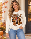 Gobble Glam Turkey Long Sleeve Graphic Tee - Natural