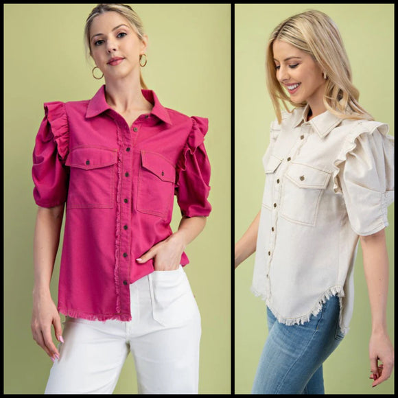 Gathered Sleeve Linen Button Up Shirt