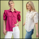 Gathered Sleeve Linen Button Up Shirt