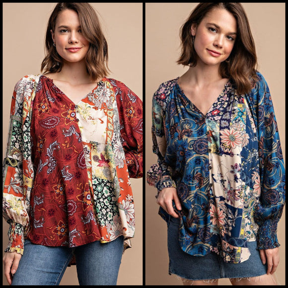 Contrast Floral Print Faux Buttton Top - Marsala