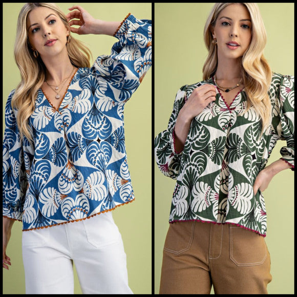 3/4 Sleeve V-Neck Blouse with Ric-Rac Trim