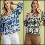 3/4 Sleeve V-Neck Blouse with Ric-Rac Trim
