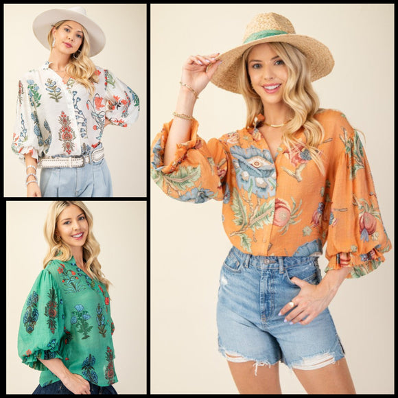 3/4 Balloon Sleeve Full Button Mandarin Collar Top