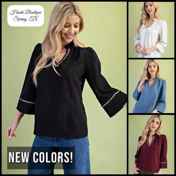 Ruffled Mandarin Collar Shag Accent Blouse