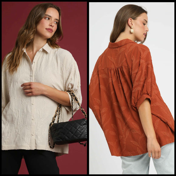 Jacquard Textured Leaf Button-Down Blouse