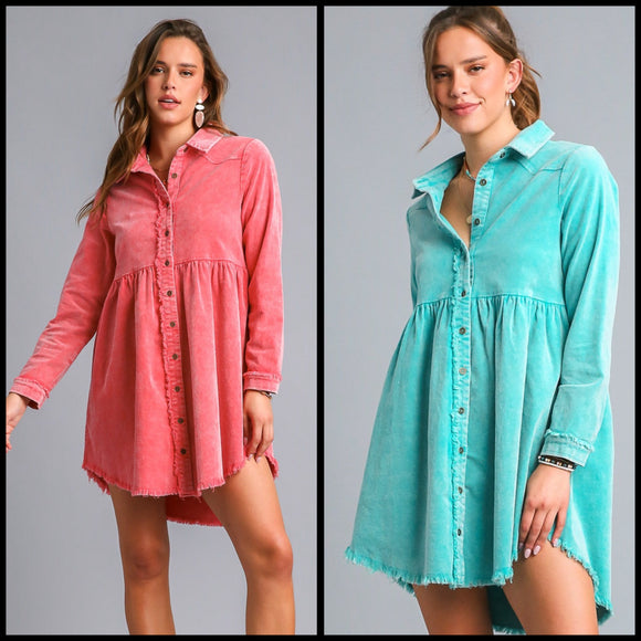 Mineral Wash Button-Up Tiered Dress with Frayed Edges