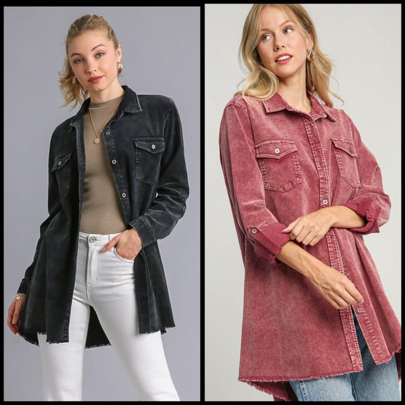 Mineral Wash Button-Up Shirt Dress with Raw Hem