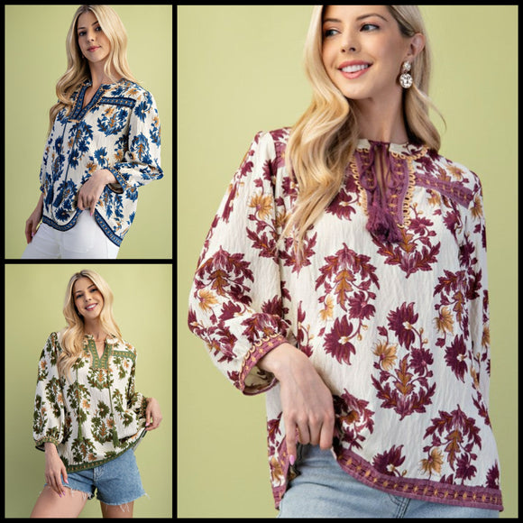 Floral Fall Print 3/4 Length Sleeve Tassel Blouse