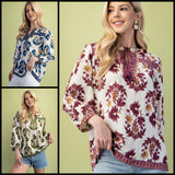 Floral Fall Print 3/4 Length Sleeve Tassel Blouse